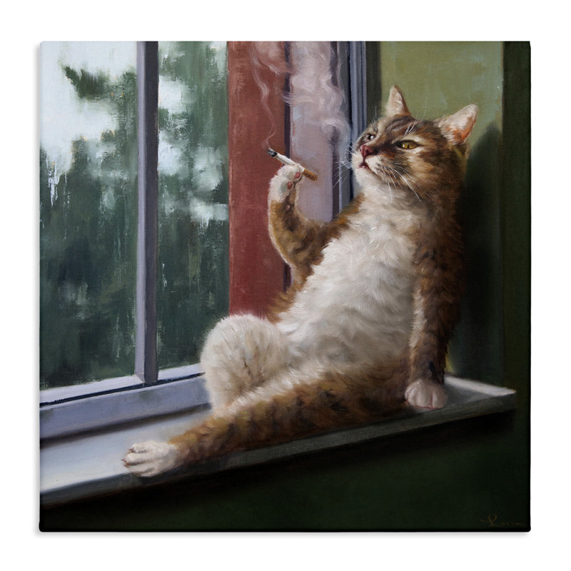 Trinx House Cat Smoking Lounging in Window Pane by Lucia Heffernan